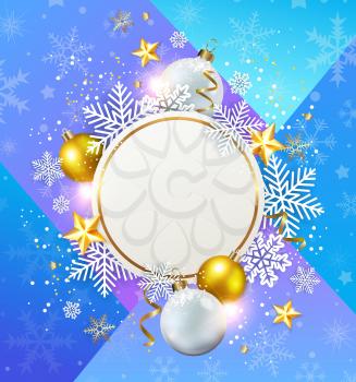 Abstract vector Christmas background with snowflakes, white and golden decorations. Design for New Year greeting card.