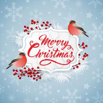 Vector Christmas banner with two bullfinches and greeting inscription. Merry Christmas lettering