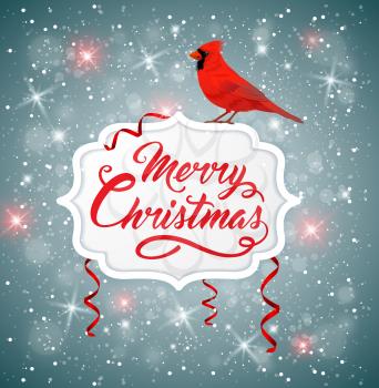 Vector Christmas banner with red cardinal bird and greeting inscription. Merry Christmas lettering