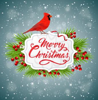 Vector Christmas banner with red cardinal bird, fir branch and greeting inscription. Merry Christmas lettering