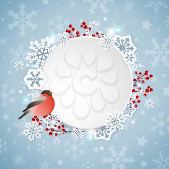 Vector Christmas banner with bullfinch and white snowflakes