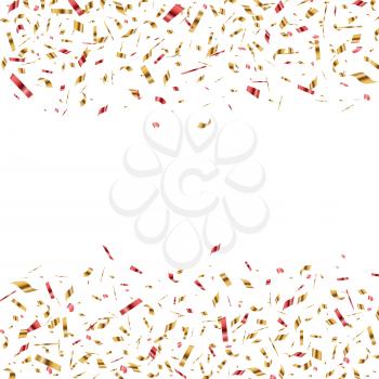 Festive vector horizontal banner with red and golden confetti on a white background. 