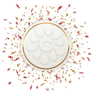 Festive vector round banner with red and golden confetti on a white background. 