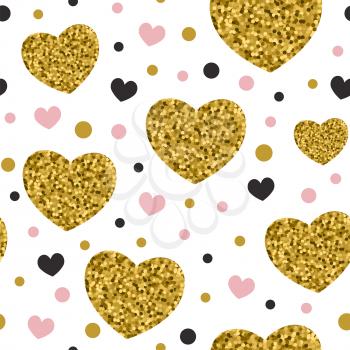 Decorative festive seamless pattern with golden glitter hearts. Vector background for Valentine's day