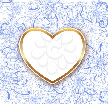 Decorative blue floral background with golden heart. Design for Valentine's day. Hand drawn vector illustration.