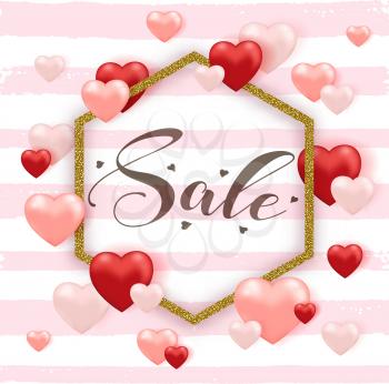 Decorative striped background for Valentine's day sale with red and pink heart balloons and golden frame. Vector illustration.