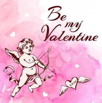 Vintage romantic Valentine card with cupid and heart on a pink watercolor background. Vector illustration. 