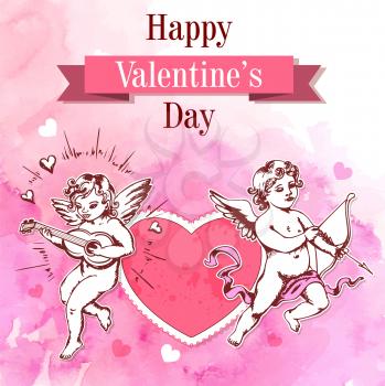 Vintage romantic Valentine card with two cupids and heart on a pink watercolor background. Vector illustration. 