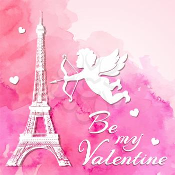 Pink watercolor romantic Valentine background with papercut Eiffel Tower and cupid. Vector illustration. 