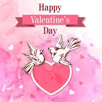 Pink watercolor vintage Valentine background with two birds and heart. Hand drawn vector illustration. 