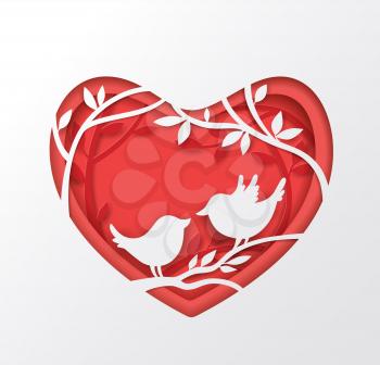 Vector cut out of paper red heart with two birds on a branch. Romantic Valentine background. Holiday greeting card