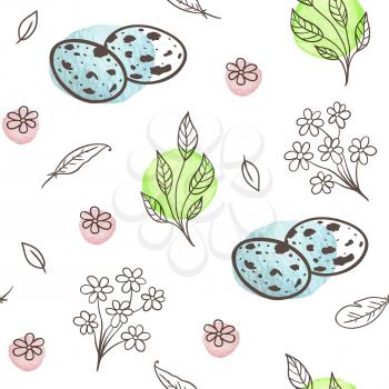 Hand drawn doodle Easter seamless pattern with eggs and florals on a white background. Vector illustration.