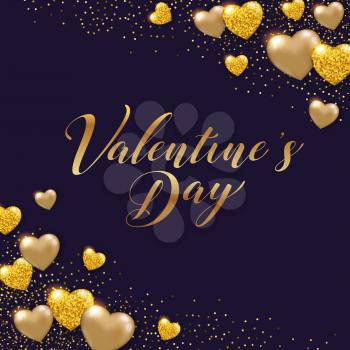 Decorative Valentine background with shining golden glittering hearts. Vector illustration. 