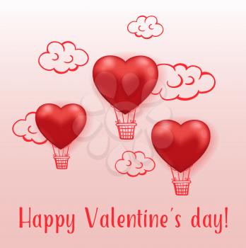 Saint Valentine's day greeting card with red air balloon hearts on a pink background.  Vector illustration.