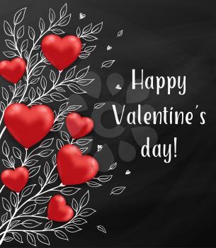 Floral holiday background with red hearts and leaves on a blackboard. Greeting card for Saint Valentine's day. Hand drawn vector illustration.