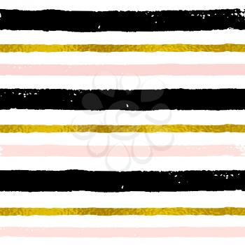 Vector abstract striped seamless pattern. Decorative grunge background with black, pink and golden strips 
