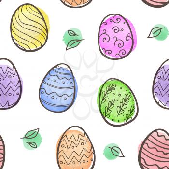 Hand drawn doodle Easter seamless pattern with eggs and watercolor blots on a white background