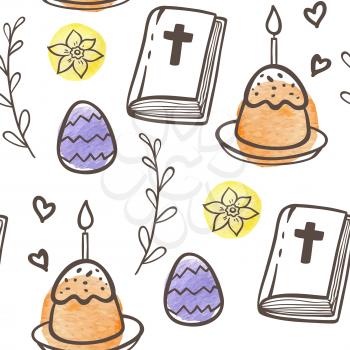 Hand drawn doodle Easter seamless pattern with eggs, cake and Bible on a white background. Vector illustration.