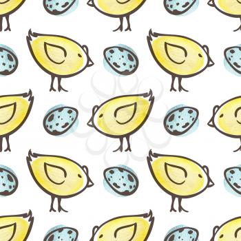 Hand drawn doodle Easter seamless pattern with eggs and yellow chicken on a white background. Vector illustration.