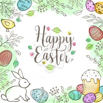 Decorative Easter greeting card with eggs, rabbit, leaves and watercolor textures. Hand drawn vector illustration.