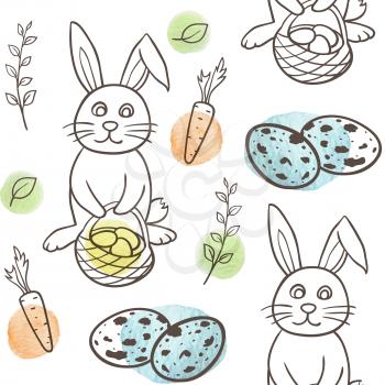Hand drawn doodle Easter seamless pattern with rabbit and eggs on a white background