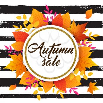 Autumn vector background with orange falling leaves and black strips. Abstract round golden banner for seasonal fall sale. 