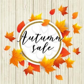 Autumn vector wooden background with orange maple leaves. Abstract round golden banner for seasonal fall sale. 