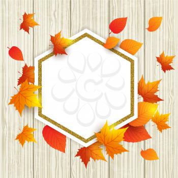 Autumn vector wooden background with orange maple leaves. Abstract golden frame for seasonal fall sale. 