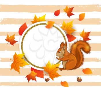 Autumn vector background with squirrel and orange maple leaves. Abstract round golden banner for seasonal fall sale. 