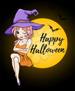 Halloween greeting card with cute young witch in a violet hat. Happy Halloween lettering. Vector illustration. 