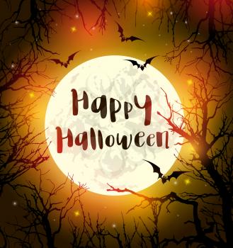 Halloween greeting card with full moon, bats and black silhouettes of tree. Vector illustration