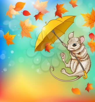 Cute little mouse flying on an umbrella with maple leaves. Autumn vector background