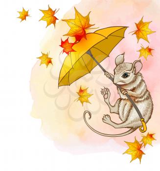 Cute little mouse flying on an umbrella with maple leaves. Autumn vector background with watercolor texture