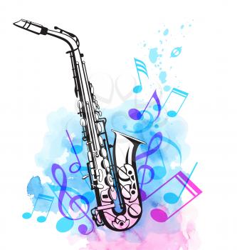 Music notes and saxophone with pink and blue watercolor texture. Abstract vector musical background