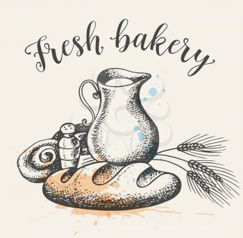 Vintage background with fresh bakery produkts and jug of milk. Hand drawn vector illustration