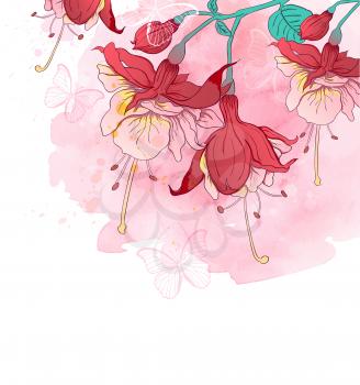 Red tropical flowers and butterflies on a pink watercolor background. Hand drawn vector illustration