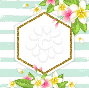 Abstract summer floral vector tropical background with plumeria flowers and green leaves 