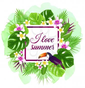 Summer vector tropical background with plumeria flowers, green leaves and toucan. 