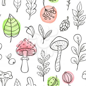 Autumn doodle seamless pattern with mushrooms, leaves and plants on a white background. Hand drawn vector illustration with watercolor elements.