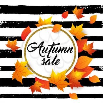 Autumn vector background with orange maple leaves. Abstract golden banner for seasonal fall sale. 