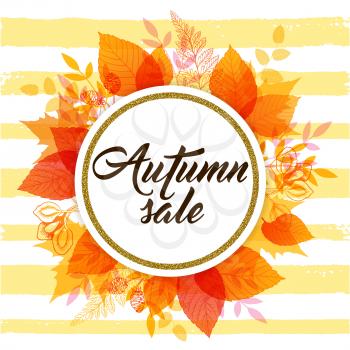 Autumn vector background with orange falling leaves. Abstract round golden banner for seasonal fall sale. 