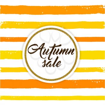 Abstract orange striped autumn background with golden frame for seasonal sale. 