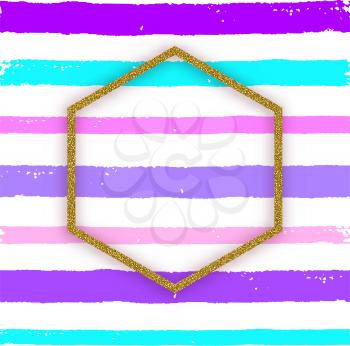 Abstract striped vector violet background with golden glitter frame and place for text.