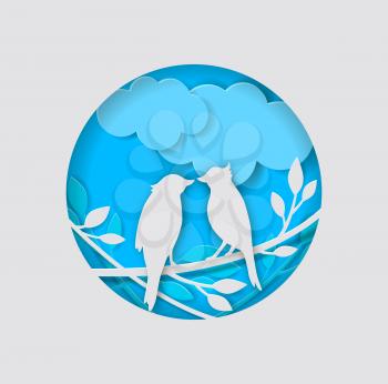 Vector two paper birds, clouds and branch on a blue background. 