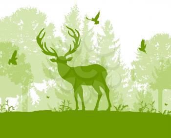 Green nature landscape with deer, tree and birds. Vector illustration.