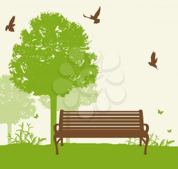 Bench under a green tree in the park. Vector illustration