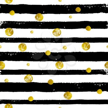 Vector abstract striped seamless pattern. Decorative grunge background with black strips and golden circles