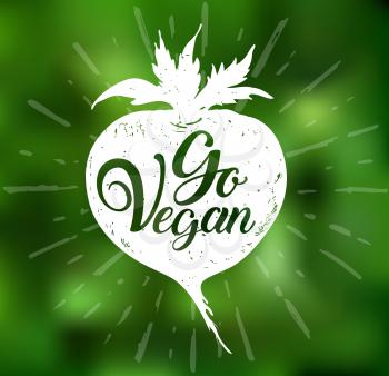 Root vegetable and lettering Go vegan on a green blurred background. Vegetarian lifestyle concept. Hand drawn vector illustration