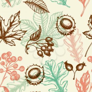 Autumn seamless pattern with chestnut, oak and maple falling leaves. Hand drawn seasonal vector background in vintage style.
