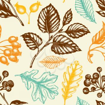 Autumn seamless pattern with berries and falling leaves. Hand drawn seasonal vector background in vintage style.